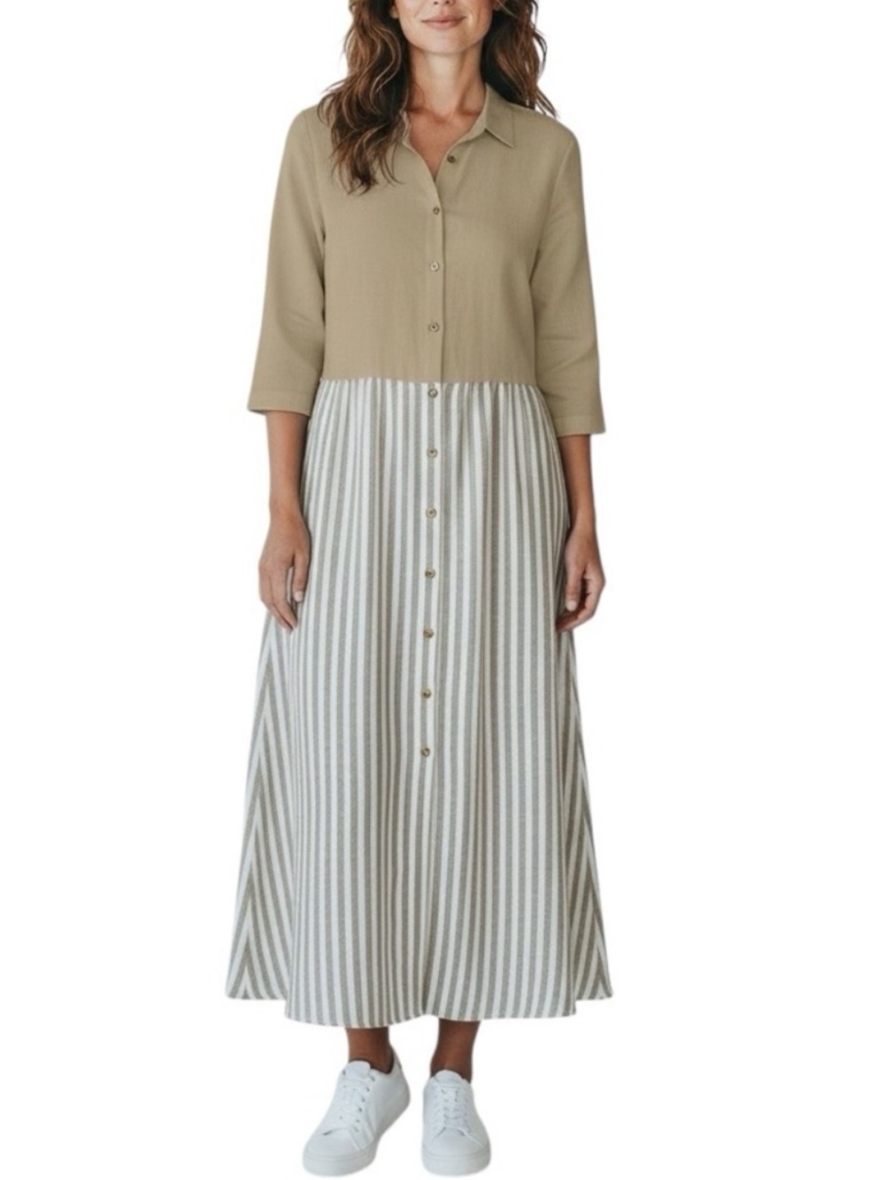 J. JILL Linen Striped Dress w/ Paperbag Waist in Khaki / Ivory Size Med PETITE